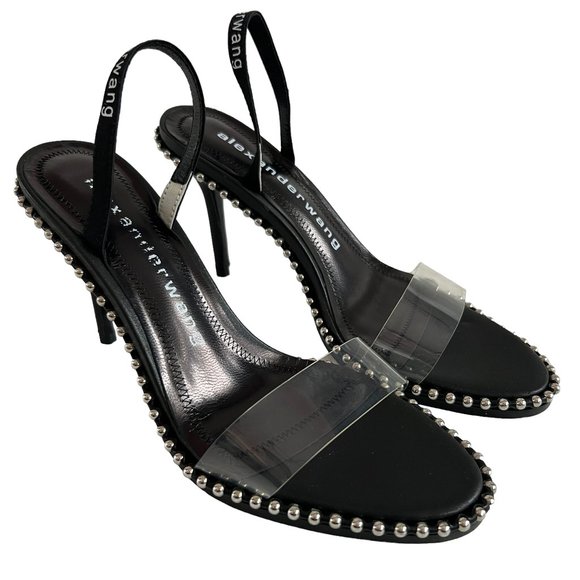 Alexander Wang high heels Nova black leather PVC clear strap 38 8 studded - Picture 1 of 10